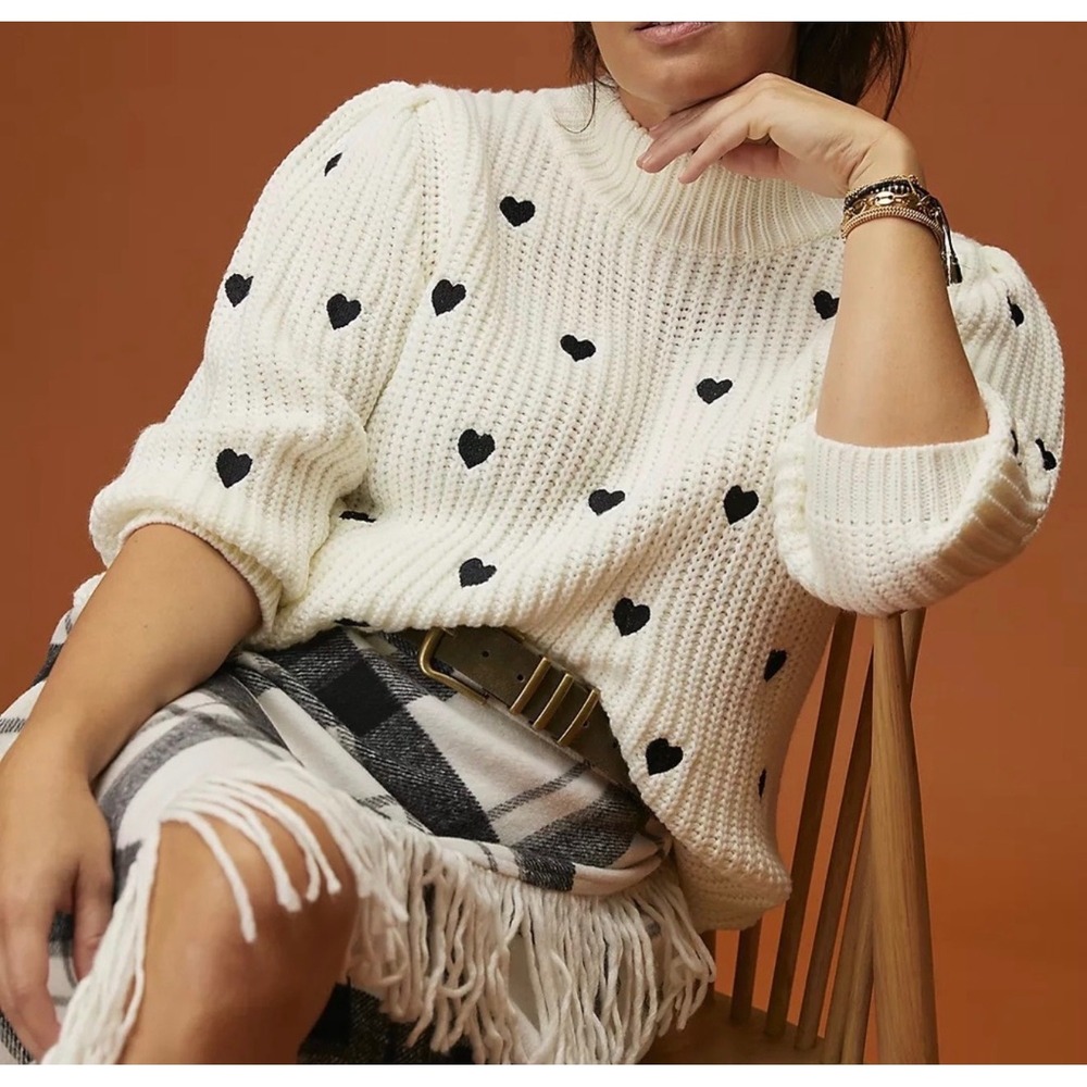 A+ Anthropologie Heart Embroidered Mock Neck Puff‎ Sleeve Sweater White 3X